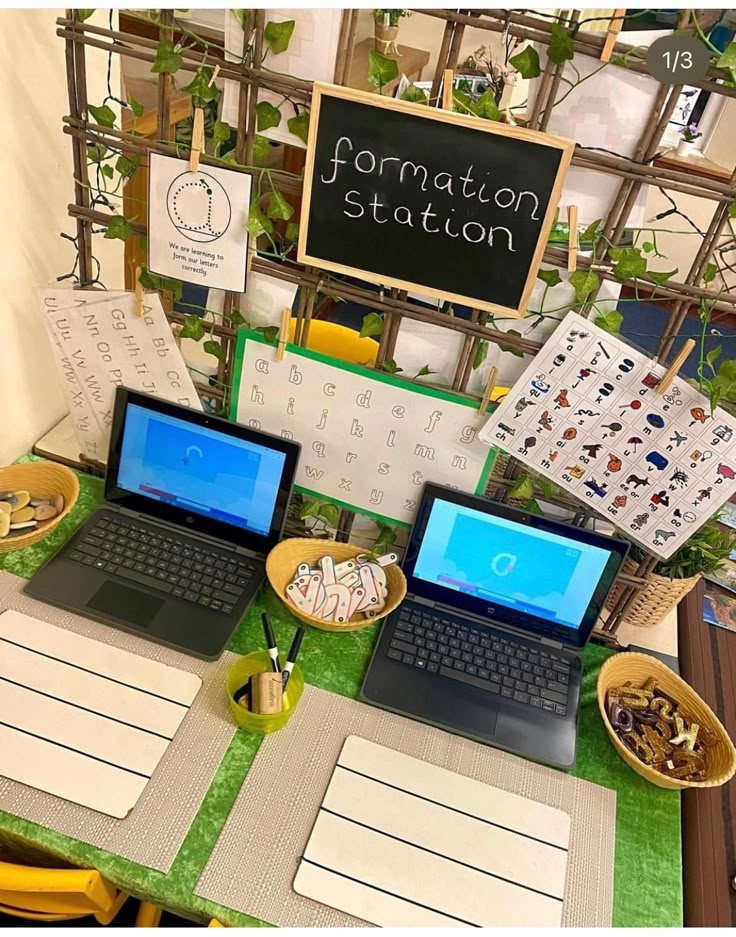 two laptops sitting on top of a green table covered in papers and other items