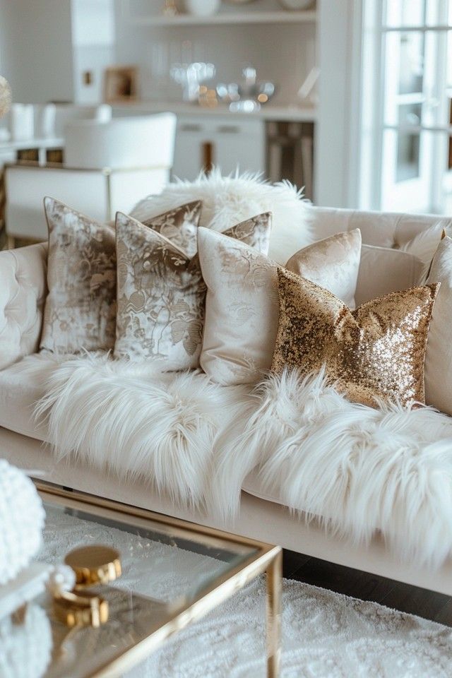 Stylish Glam Living Room: Gold Accents Show The Most Beautiful Silver Glam Living Rooms, Gold House Decor Interior Design, Southern Glam Home Decor, Gold And Cream Living Room, White And Gold Living Room Ideas, Living Room Gold Accents, Room Ideas Glam, Grey Boho Bedroom Ideas, Gold And White Living Room