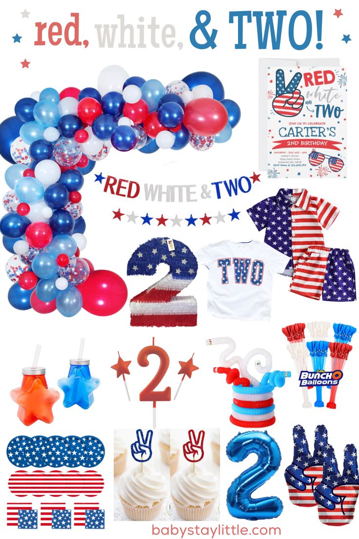 red, white and two fourth of july party decorations with balloons in the shape of american flags