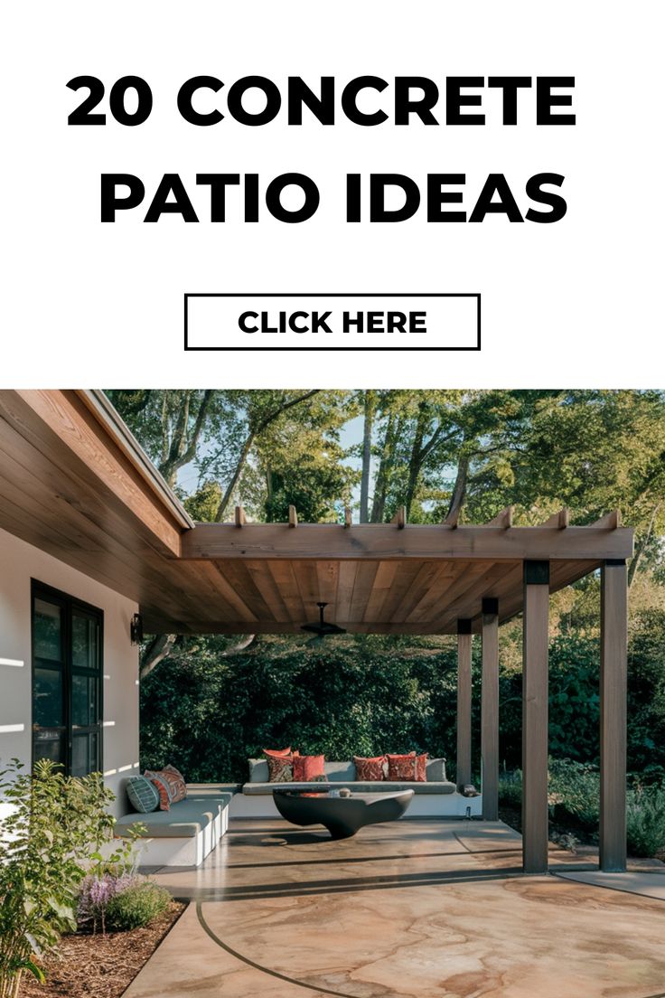 20 ideas for concrete patios, featuring a covered patio with built-in seating and a fire pit. Cement Patio Designs, Concrete Patio Decorating Ideas, Uncovered Patio, Concrete Patio Ideas, Patio Ideas On A Budget, Concrete Patio Makeover, Cement Patio, Concrete Patio Designs, Budget Patio