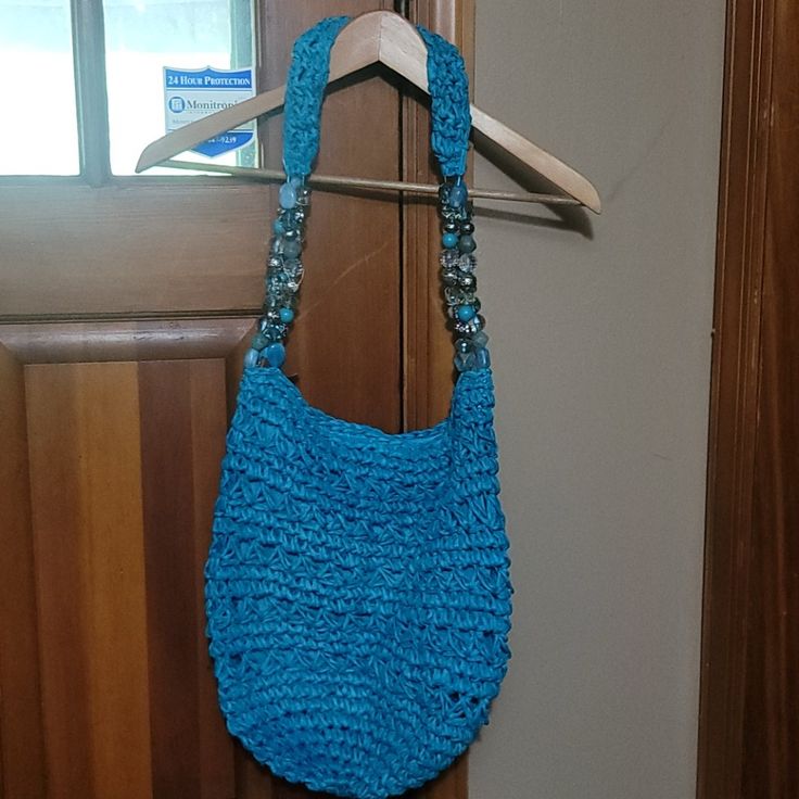 Brand New No Tags Beaded Handle Tote Straw Bag Royal Blue Arm Bracelets, Straw Tote Bag, Crochet Tote Bag, Blue Tote, Zipper Tote Bag, Straw Tote, Gold Bracelet Cuff, Crochet Tote, Market Tote