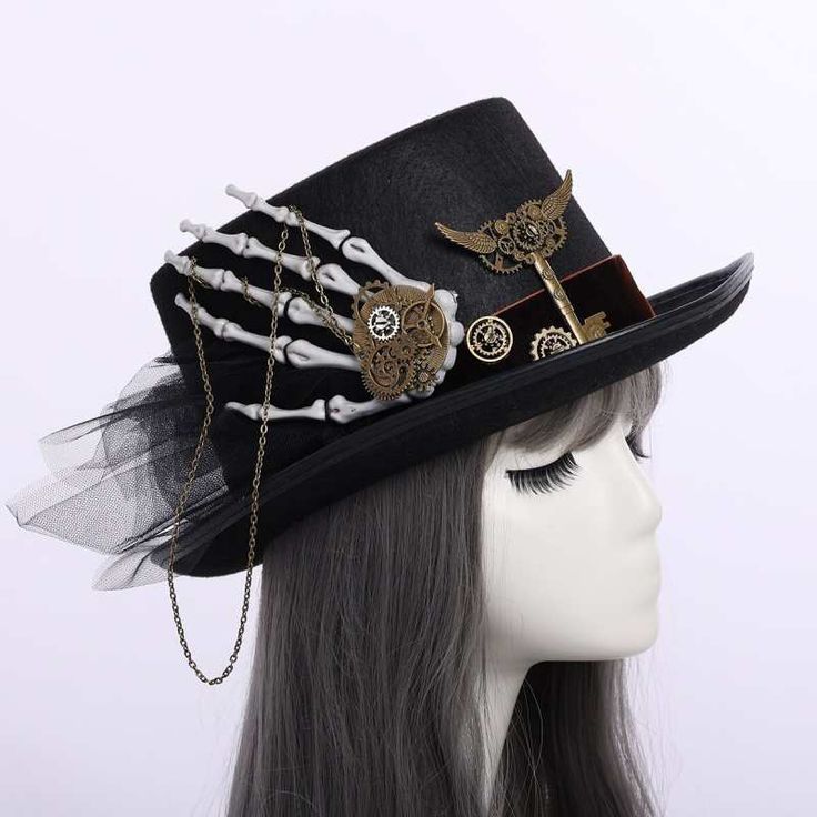 steampunk hat with skeleton hand High Crown Halloween Costume Accessories For Costume Party, High Crown Costume Accessories For Halloween Party, High Crown Top Hat For Halloween Themed Events, Halloween High Crown Top Hat For Themed Events, Punk Mini Hats For Halloween Cosplay, Punk Hat Costume Accessories For Costume Party, Halloween Fantasy Costume Hat With High Crown, Punk Style Hat For Costume Party, Fantasy High Crown Costume Accessories For Halloween