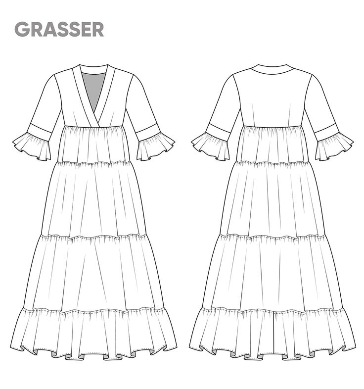 the front and back view of a dress with ruffled sleeves