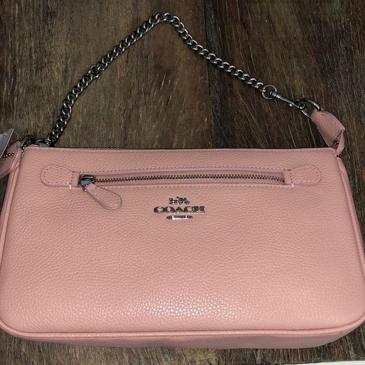 Coach Leather Handbag Blush Pink Zipper Closure Zipper Pocket On Front Chain Link Strap 1 Interior Pocket Fully Lined Nwt Excellent Condition Coach Clutch Bag With Zipper Closure, Luxury Pink Bag With Zipper Pouch, Coach Bags With Zipper Pouch For Formal Occasions, Blush Rectangular Shoulder Bag With Zipper, Formal Crossbody Shoulder Bag With Zipper, Classic Coach Bag With Zipper Pouch, Coach Blush Bag For Everyday Use, Chic Coach Bag With Zipper Pouch, Blush Rectangular Bag With Zipper Closure