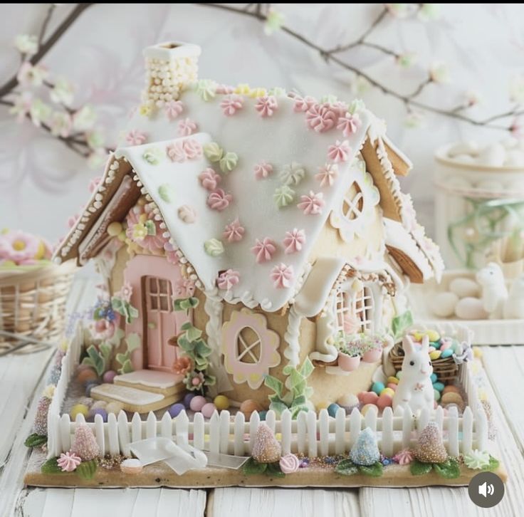 a gingerbread house is decorated with pastel flowers and white picket fenced in