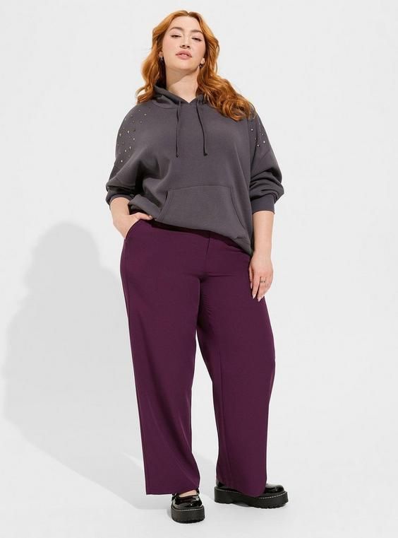 FIT High rise. . Roomy all the way down. Inseam: 29”. MATERIALS + CARE City twill woven fabric. . 74% polyester, 19% rayon, 7% spandex. . Machine wash cold. Tumble dry low. . Imported. DETAILS Zip fly. . Darted back detail. . Welt pockets. WHY WE LOVE IT Say hello to chic comfort in pants that know how to bring a little dramatic movement and a lot of polished style. . The best plus size women's wide leg city twill high rise pant pants in winter bloom made of citytwill. Rock your look from Torrid Best Work Pants, Plus Size Bohemian, Wide Leg Dress Pants, High Rise Pants, Twill Pants, Plus Size Pants, Good Stretches, Work Pants, Bohemian Clothes