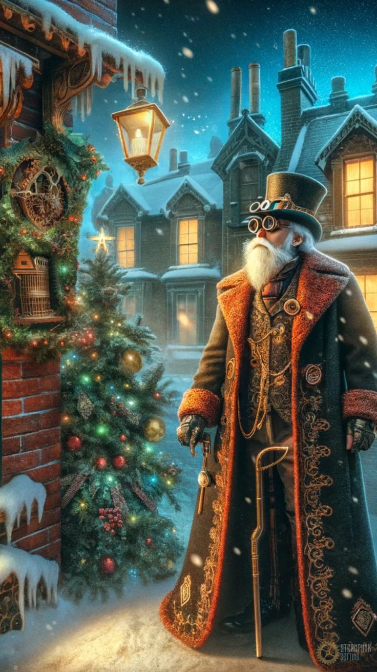 a painting of an old man in front of a christmas tree