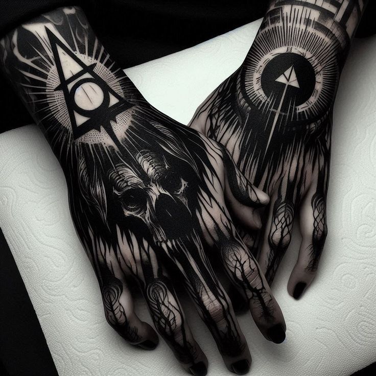 two hands with black and white tattoos on them, one has an all seeing eye