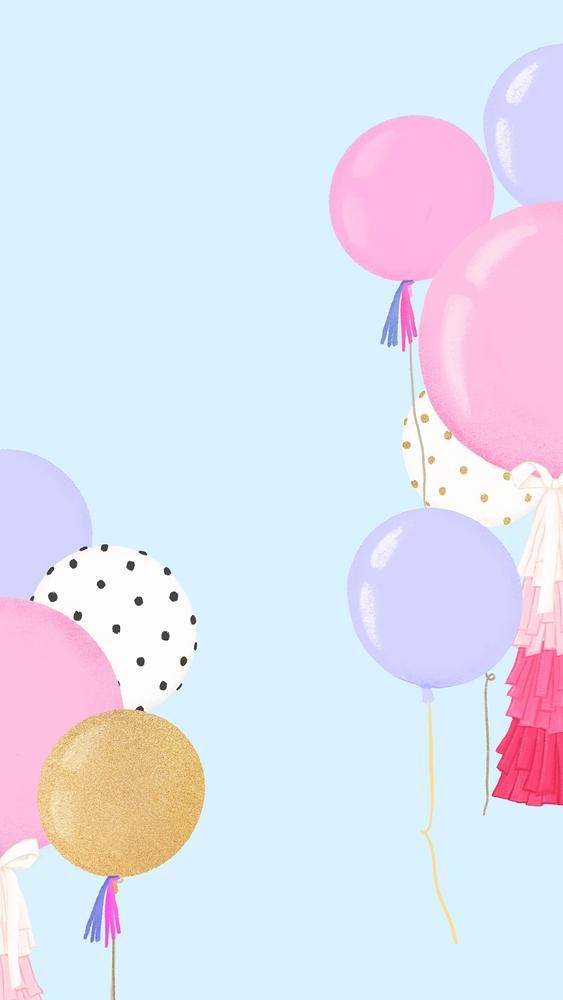 several balloons are floating in the air on a light blue background with polka dots and tassels