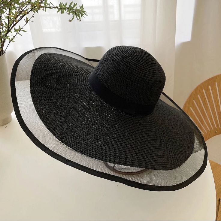 Sheer Panel Straw Hat * Black * Boho Style * Straw Hat * Hat Arrives Folded * One Size: Crown: 22.8" (58cm) Black Lightweight Bucket Hat For Summer, Black Lightweight Bucket Hat For Vacation, Black Summer Bucket Hat, Black Curved Brim Sun Hat For Summer, Black Curved Brim Summer Sun Hat, Black Bucket Sun Hat For Beach Season, Black Bucket Hat For Beach Season, Black Lightweight Bucket Hat With Short Brim, Adjustable Black Bucket Hat For Summer