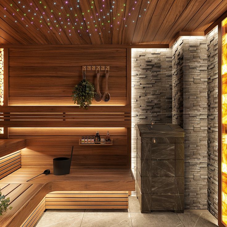 a wooden sauna with lights on the ceiling and some plants in pots next to it