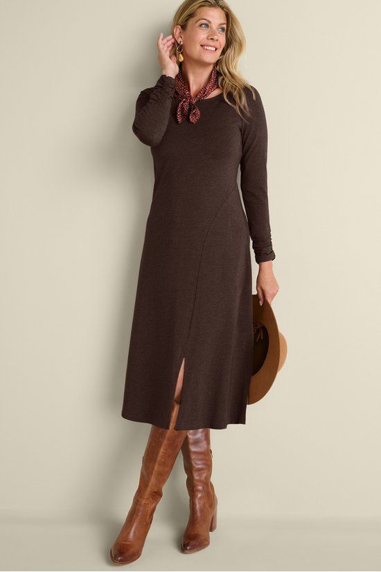 Designed to flatter, destined to become a favorite. Easy knit dress is cut to follow your curves with a deep front slit that gives it extra swing. The boatneck shows off your collarbone. Shirred long sleeves. Boots With Midi Dress, Dresses For Women Over 60, Fall Dresses Casual, Winter Dresses For Women, Vintage Cotton Dress, Wide Leg Leggings, Soft Surroundings Dresses, Classy Outfits For Women, Easy Knit