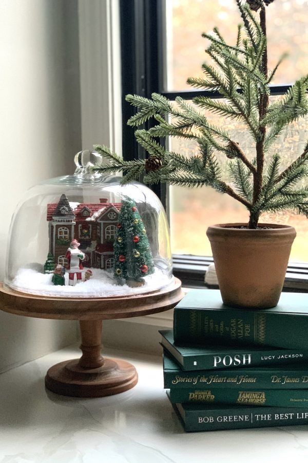 a christmas tree under a glass dome on top of a table next to some books