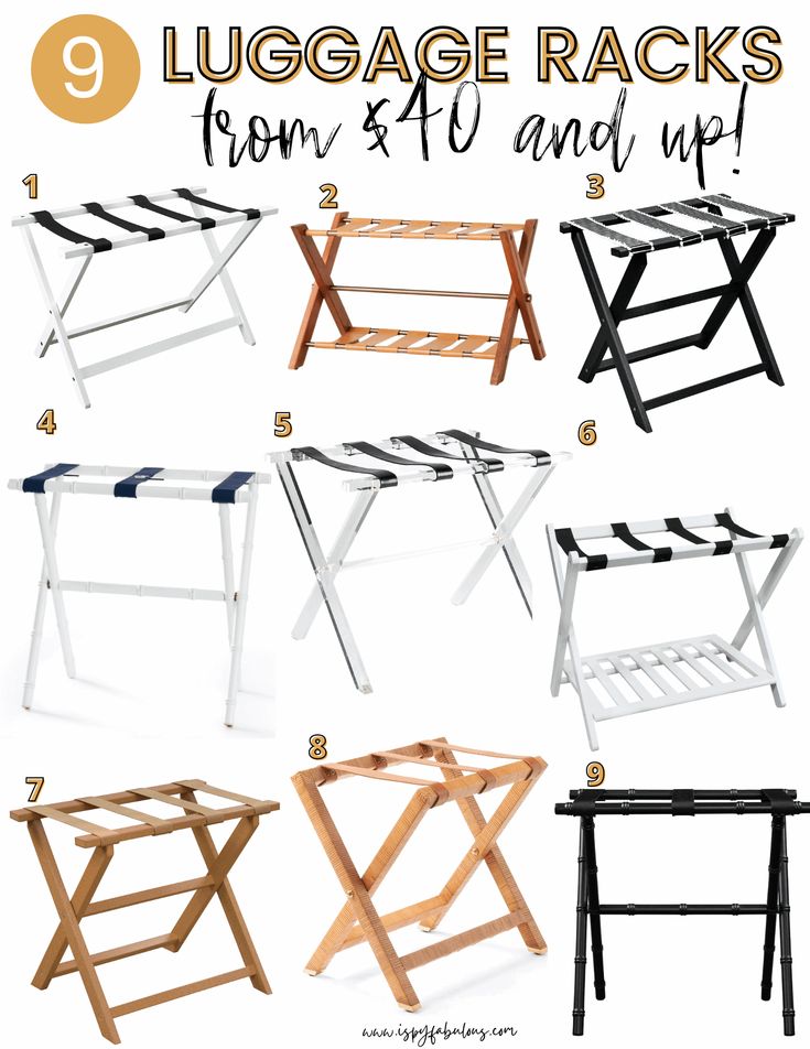 different types of clothes racks with text overlay that reads 9 luggage racks from $ 4 and up