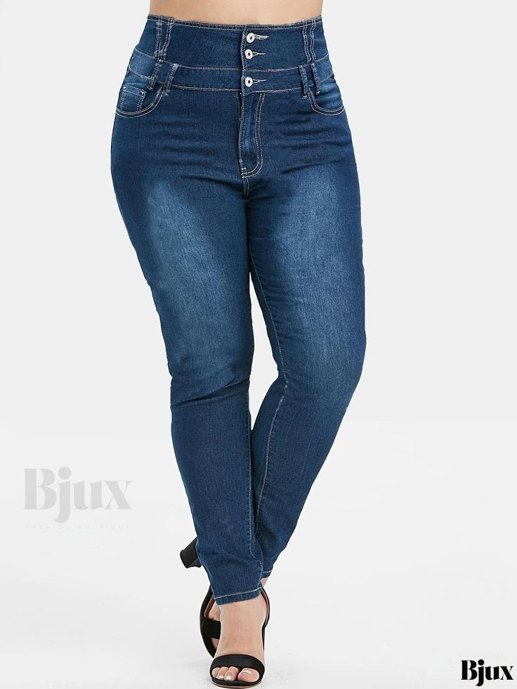 Bjux - Premium Plus Size High Rise Skinny Jeans with Button Fly, Womens High Stretch Comfort Denim Pants Stretch Denim Bottoms With Button Closure, Stretch Denim Blue Bottoms With Button Closure, Stretch Dark Wash Pants With Button Closure, Stretch Dark Wash Bottoms With Button Closure, Stretch Denim Bottoms With Buttons, Stretch Bottoms With Button Closure In Dark Wash, Stretch Straight Leg Jeans With Buttons, High Waist Stretch Jeans With Buttons, Stretch High Waist Jeans With Buttons