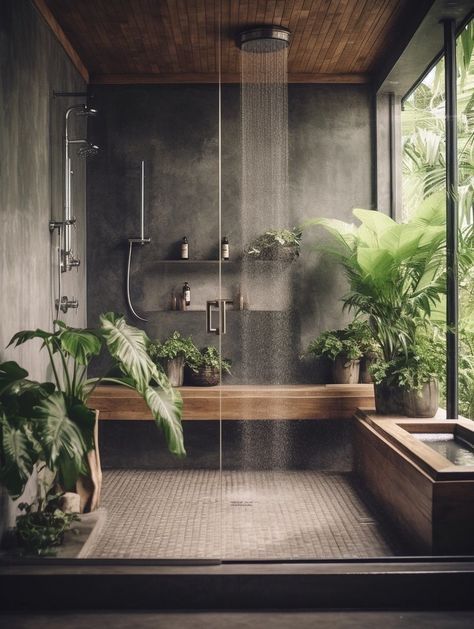 a bathroom with a shower and plants in it