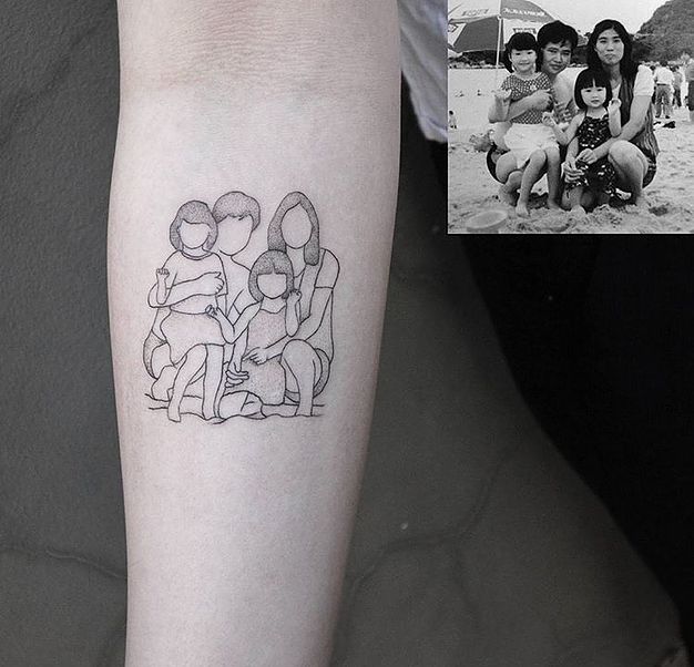 a family portrait tattoo on the left forearm and right arm with an image of three people