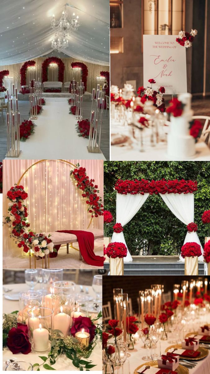 red and white wedding decor with candles