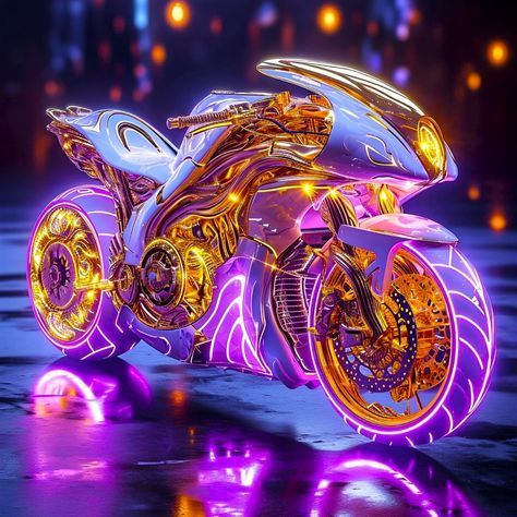 a futuristic motorcycle is shown in purple and yellow lights on the ground, with its wheels glowing