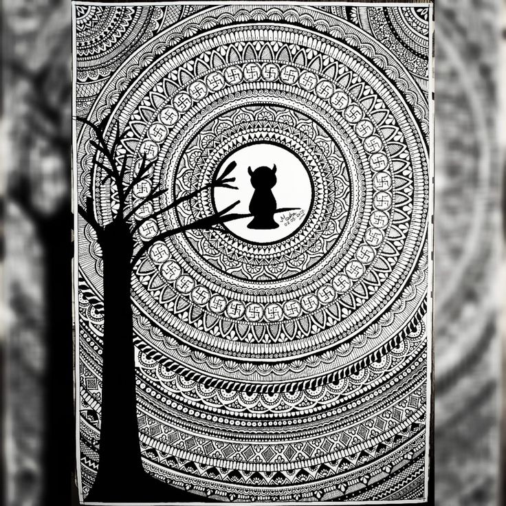 a black and white drawing of a cat sitting on a tree with the moon in the background