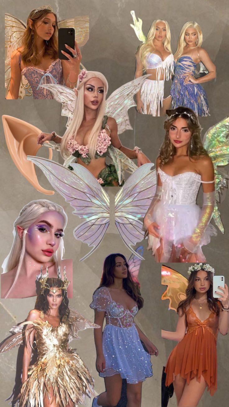 the collage shows many different women dressed in fairy costumes, including one with wings