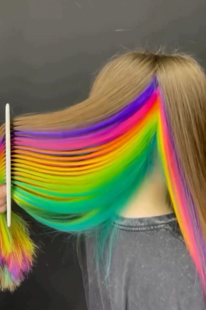 Rainbow hair colorhair trendscolorful hair Rainbow Color Hair Ideas, Peekaboo Hair Color Rainbow, Hair Color Ideas Rainbow, Crazy Dyed Hair, Rainbow Hair Hidden, Rainbow Hair Color Short, Vivid Hair Color Placement, Multi Color Hair Ideas, Peekaboo Rainbow Hair