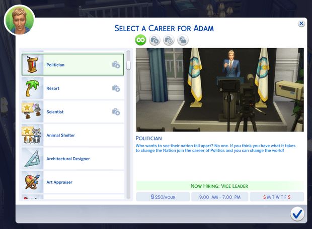 a computer screen with an image of a man sitting in a chair and the words select a career for adam on it