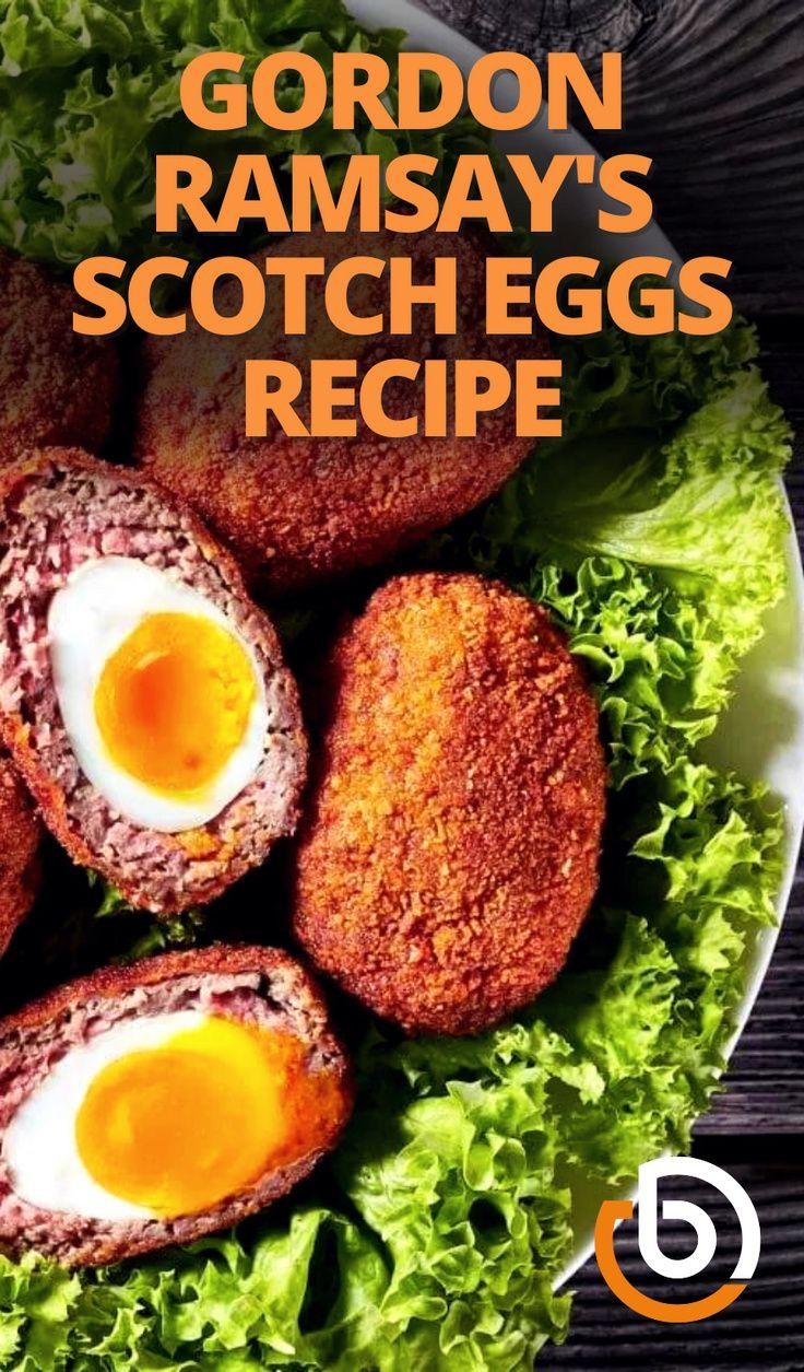 gordon ramsay's scotch eggs recipe on a plate with lettuce and an egg