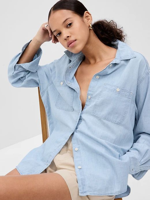 Chambray Denim Big Shirt with Washwell | Gap Gap Relaxed Fit Collared Top, Gap Tops With Button Closure, Gap Collared Relaxed Fit Tops, Collared Relaxed Fit Tops By Gap, Gap Collared Tops With Relaxed Fit, Gap Shirt With Pockets For Spring, Gap Relaxed Fit Tops With Pockets, Gap Shirt With Button Closure For Daywear, Gap Shirt With Button Closure For Daily Wear