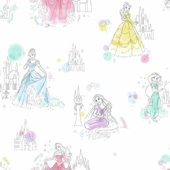 Disney Princess Pretty Elegant Wallpaper Elegant Wallpaper, Princess Wallpaper, York Wallpaper, Disney Princess Wallpaper, Kids Wall Decor, York Wallcoverings, Pinturas Disney, Disney Kids, Striped Wallpaper