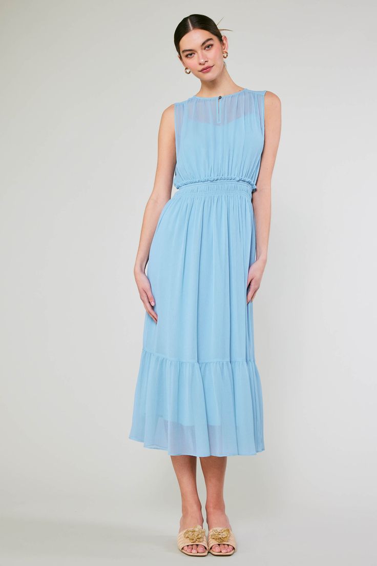 A sheer overlay creates an ethereal look on this sleeveless midi dress. Layered over a strappy tonal lining, it's got a blousy fit with a front keyhole and a comfortable cinched waist before flowing to a tiered ruffle hem. •Round neckline •Front keyhole with button •Elasticized waist •Tiered hem •Lining with adjustable straps •Classic Fit DIMENSIONS •Standard: 51" Length Item number 2490182 100% Polyester Hand Wash Cold Line dry Spring Airy Midi Maxi Dress, Chic Chiffon Midi Dress For Daywear, Flowy Sleeveless Mini Dress, Breezy Sleeveless Flowy Maxi Dress, Chic Light Blue Flowy Maxi Dress, Chic Flowy Light Blue Maxi Dress, Flowy Sleeveless Breezy Maxi Dress, Sleeveless Breezy Maxi Dress With Flowy Skirt, Elegant Midi-length Chiffon Dress For Daywear