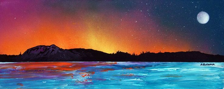 an acrylic painting of the night sky over water with mountains in the background