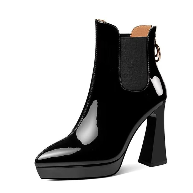 Step into sophistication with these elegant high heel boots. Featuring a pointed toe and a 10cm thick heel, these boots are perfect for adding a touch of glamour to any outfit. Made with genuine leather lining and a rubber outsole, these boots are not only stylish but also comfortable and durable. Elevate your style with these stunning boots today! Chic High Heel Chelsea Boots For Fall, Formal Pointed Toe Patent Leather Knee-high Boots, Evening High Heel Patent Leather Knee-high Boots, Patent Leather High Heel Knee-high Boots For Evening, Evening Patent Leather High Heel Knee-high Boots, Chic Pointed Toe Chelsea Boots With Reinforced Heel, Chic High Heel Chelsea Boots For Winter, Trendy High Heel Platform Boots For Office, Fall Party High Ankle Chelsea Boots