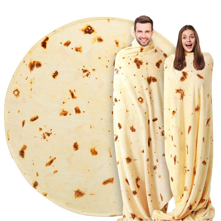 a man and woman dressed in burritos standing next to each other