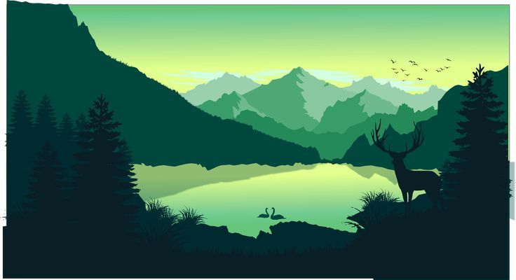 a deer standing in front of a lake surrounded by trees and mountains with birds flying over it