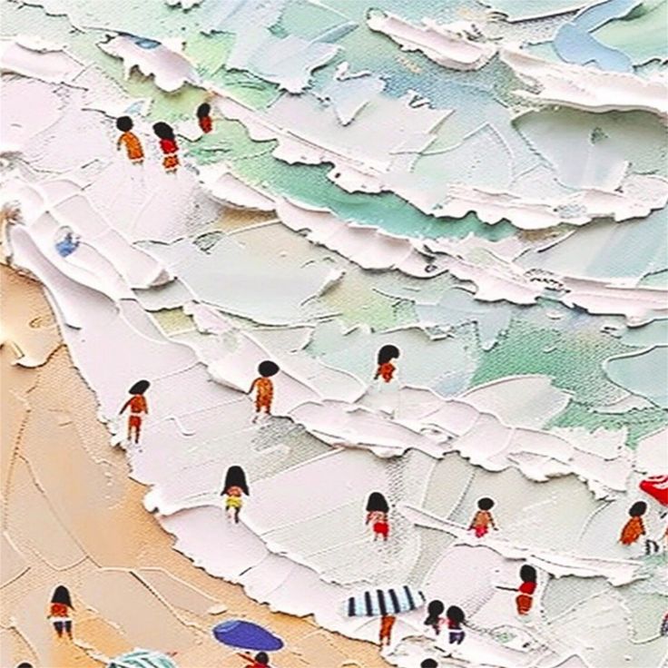 an abstract painting of people walking on the beach with umbrellas and waves in the background