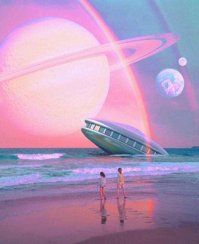 two people walking on the beach in front of an image of a boat and planets