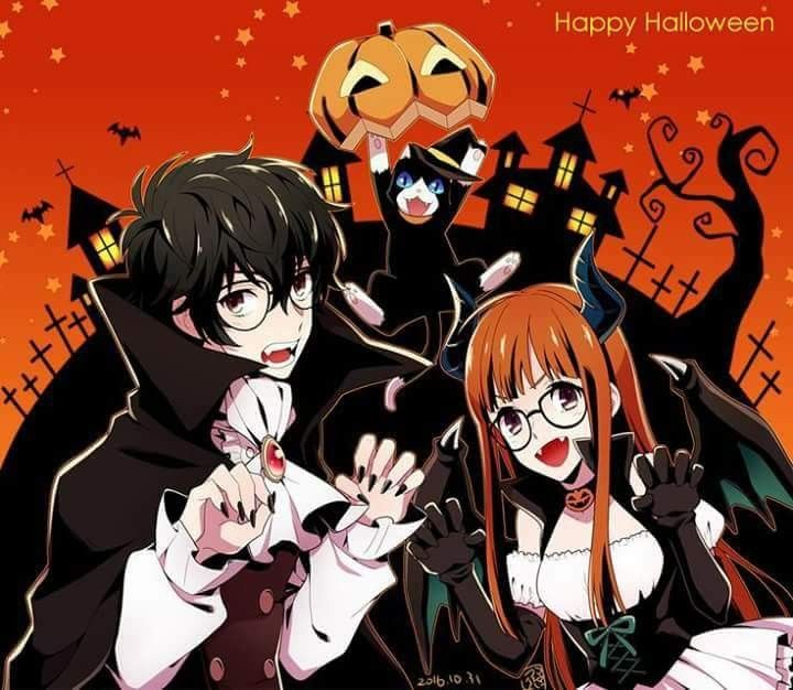 two people dressed up as witches and one is holding hands out to the camera, with an orange background that says happy halloween