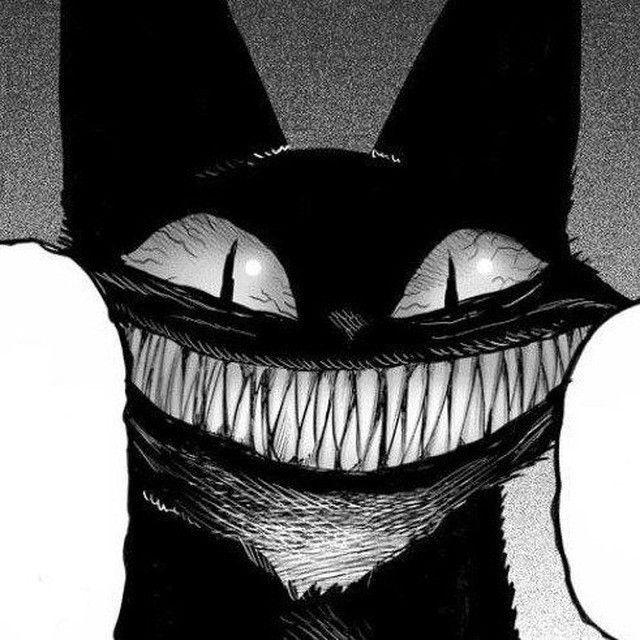 a black and white drawing of an evil cat with fangs on it's face