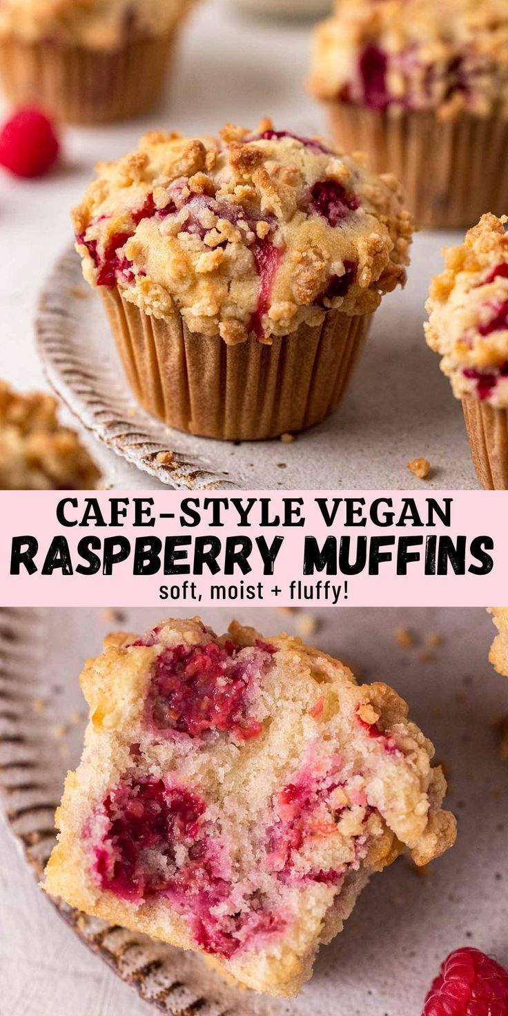 some raspberry muffins are on a plate and one is cut in half