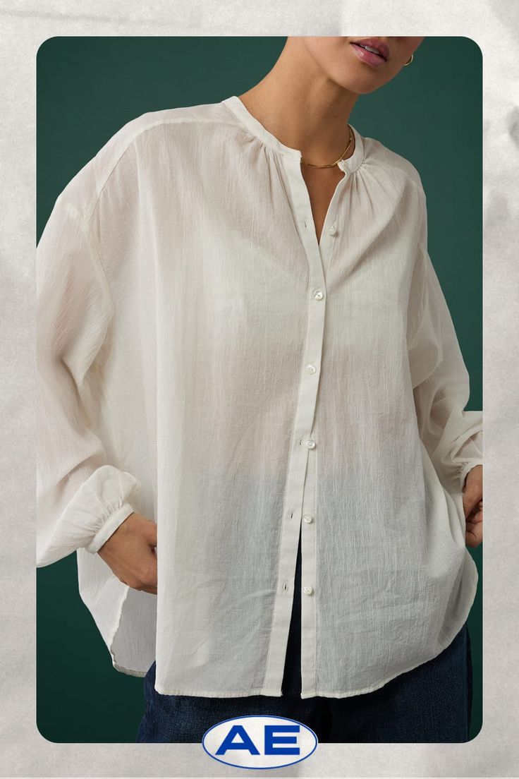 A 1960s-inspired blouse cut in an soft crinkle voile/Real MOP buttons/A drapey, billowy fit to tuck into your favorite AE77 jeans Mop Buttons, 1960s Inspired, White Jeans Men, Athletic Fit Jeans, Jean Trends, Curvy Jeans, Loose Jeans, Medium Wash Jeans, Women Denim Jeans