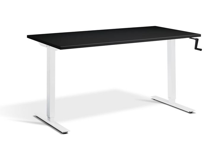 a black desk with white legs and a black top on an isolated white background, viewed from the front