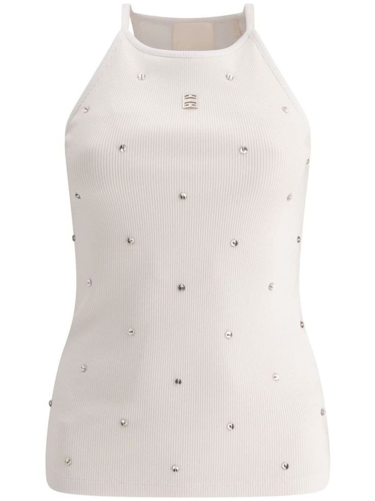 white rhinestone embellishment appliqué logo sleeveless spaghetti straps crew neck straight hem Givenchy Clothes, Givenchy Outfit, Givenchy Top, Diamond Top, Pumps Heels Stilettos, Black Pencil Skirt, Givenchy Women, Embellished Top, Cotton Tank Top