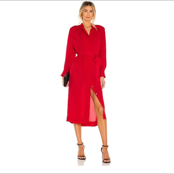 Rebecca Taylor Long Sleeve Georgette Dress In Geranium Small 100% Silk Dry Clean Only Unlined Hidden Front Button Closure Balloon Sleeve With Buttoned Cuffs Detachable Waist Tie Classic Long Sleeve Midi Dress For Date Night, Chic Red Shirt Dress For Work, Chic Red V-neck Shirt Dress, Chic Red Button-up Midi Dress, Classic Red Long Sleeve Midi Dress, Elegant Red Shirt Dress For Spring, Chic Red Shirt Dress For Daywear, Elegant Red Knee-length Shirt Dress, Red Button-up Formal Dress