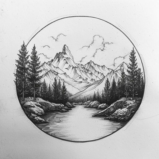 Circle Tattoo Vector Pack Round Nature Tattoo, Circle Nature Tattoo, Mountain And Valley Tattoo, Mountain Range Sleeve Tattoo, Landscape Circle Tattoo, Montana Inspired Tattoos, Circle With Mountains Tattoo, Mountain Circle Drawing, Bridge Tattoo