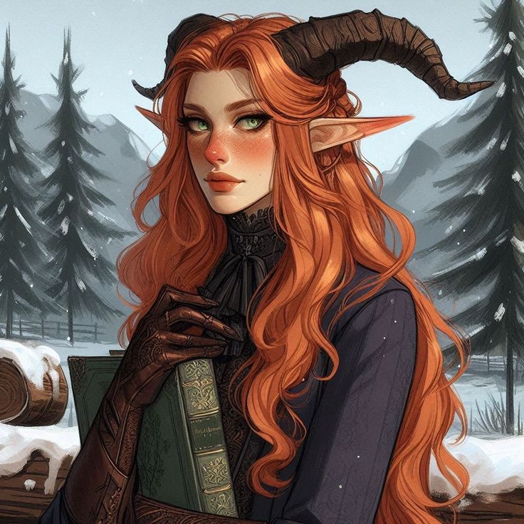 a woman with long red hair and horns holding a book in front of snow covered trees