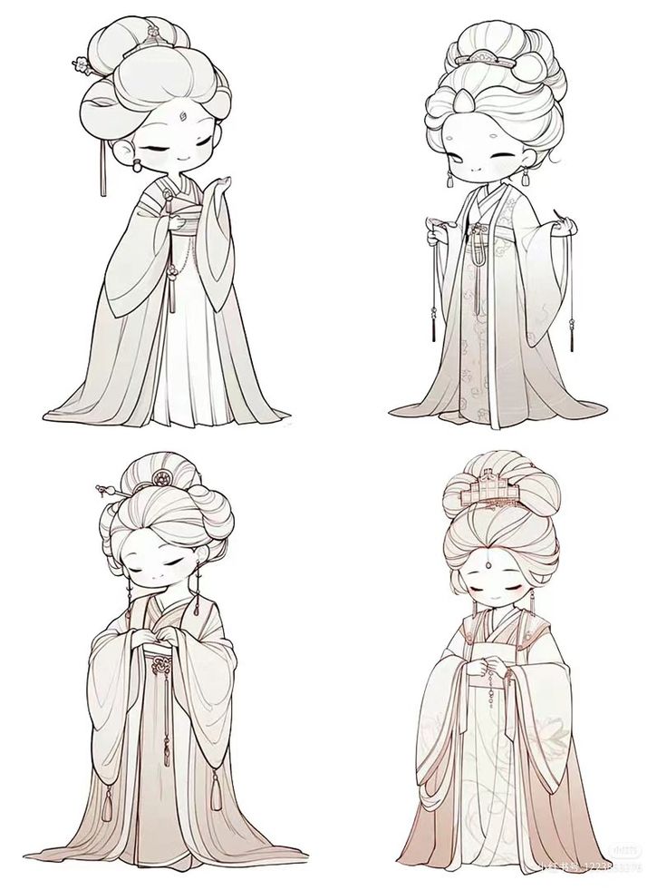 four different styles of princesses with long hair and bows on their heads, one wearing a