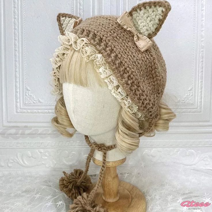 Qteee - Charming Feline-Inspired Lace Lolita Hat for Cozy Comfort Cute Brown Hat For Fall, Cute Cotton Hat, Cute One Size Cotton Hats, Cute Cotton Hat One Size, Cute Cotton Hat, One Size Fits All, Cute Adjustable Brown Hats, Cute Knitted Fitted Hat, Cute Fitted Cotton Hats, Cute One Size Hat