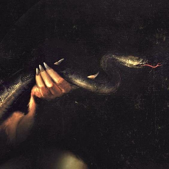 a painting of a hand holding a snake in it's right arm and the other hand reaching out