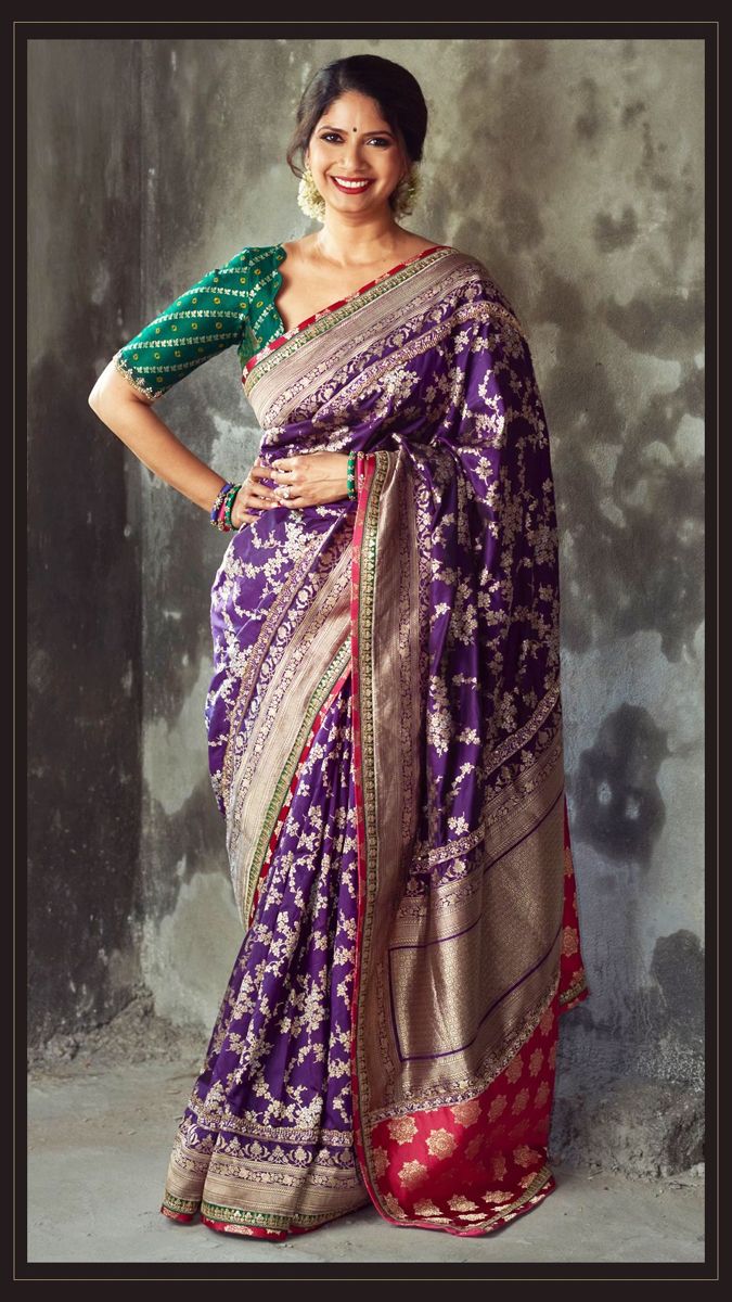 Benares Blouse Designs, Silk Sarees Colour Combinations, Contrast Colour Combination Saree, Interesting Blouses, Banaras Saree Blouse Designs Latest, Shalu Saree, Benares Sarees, Silk Banarsi Saree, Contrast Colour Combination